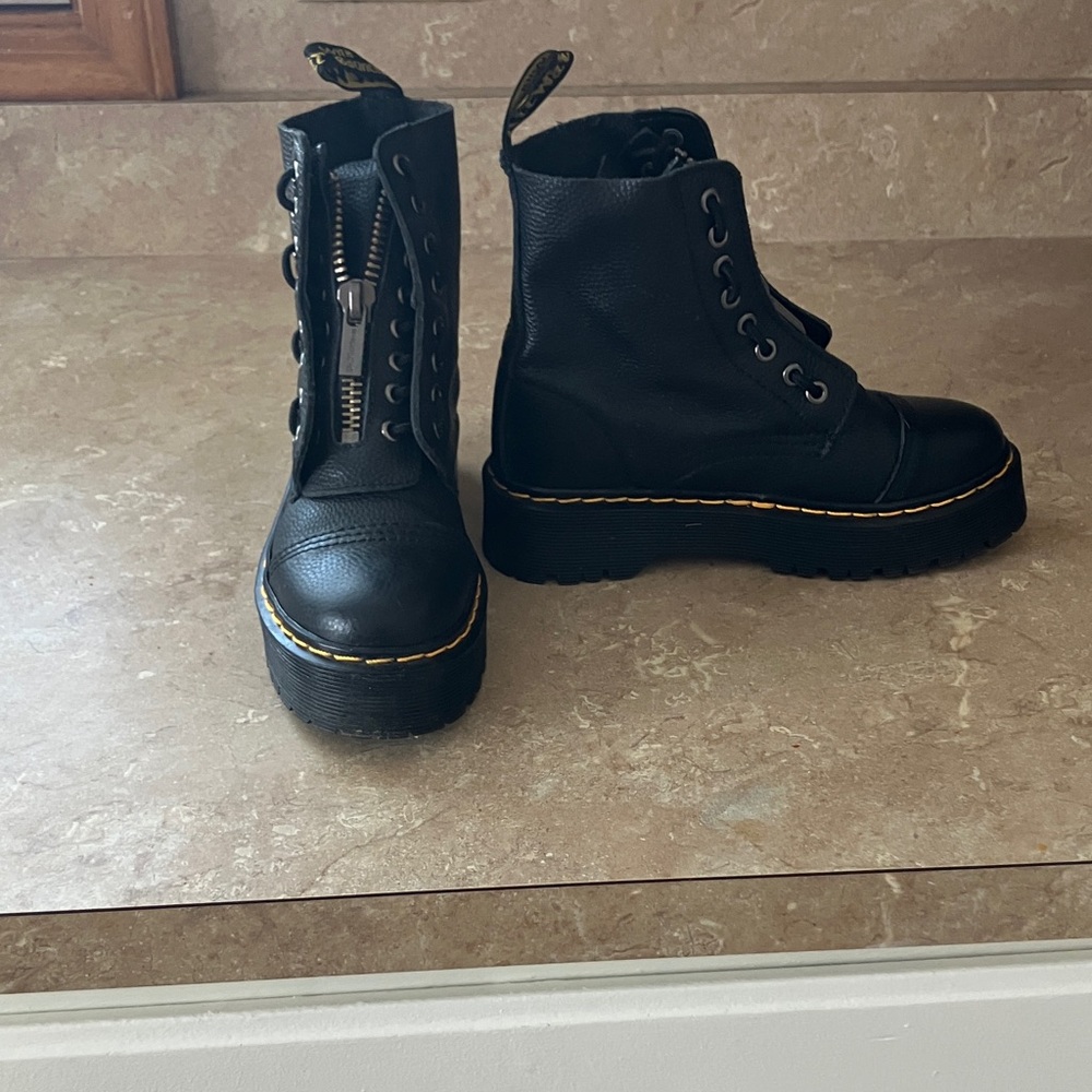 Dr. Martens Black Leather Platform Lace-Up Combat Boots with Front Zip